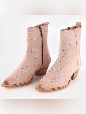 Free People Bowers Pink Suede Embroidered Ankle Boots, NEW